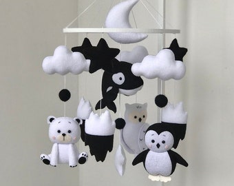 Schwarz weiß Mobile, schwarz Kinderzimmer Dekor, schwarz Baby mobile, Baby Mobile Arktis, Kontrast Mobile, Baby Krippe Mobile, Montessori Mobile