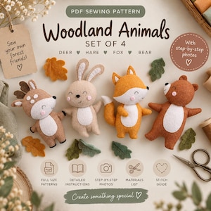 Modelli PDF per cucire animali del bosco in feltro: set di 4 modelli: cervo, volpe, lepre, orso