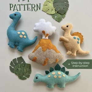 Patrón de dinosaurios de fieltro en PDF y tutorial paso a paso. Juego de 4 patrones de dinosaurios de juguete con volcán.