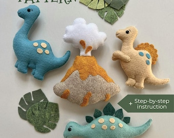 Filz PDF Pattern Dinosaurier und Schritt-für-Schritt-Anleitung. Set von 4 Pattern Dinosaurier Spielzeug mit Vulkan