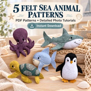 Lot de patrons de couture d'animaux marins en feutrine, 5 patrons PDF avec tutoriels photo