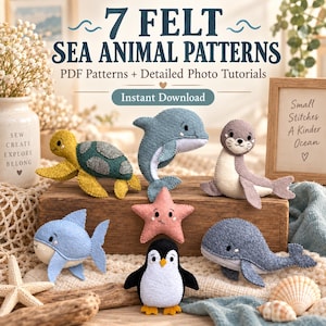 Felt Sea Animals Sewing Pattern Bundle, 7 PDF Patterns with Photo Tutorials