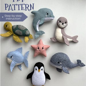 Felt Pattern toys Ocean animals. Set of 7 Sewing PDF patterns with tutorials sea animal toys. DIY Ocean nursery decor