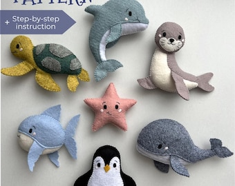 Felt Pattern toys Ocean animals. Set of 7 Sewing PDF patterns with tutorials sea animal toys. DIY Ocean nursery decor