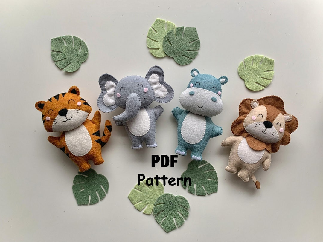 Safari Animals PDF Patterns, Felt Pattern Elephant Tiger Lion Hippo