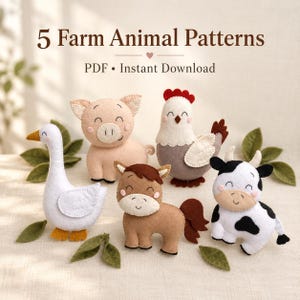 Farm Animal Felt Sewing Pattern Bundle, 5 PDF Patterns: Cow Horse Pig Chicken Goose