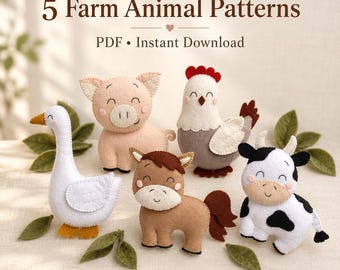 Farm Animal Felt Sewing Pattern Bundle, 5 PDF Patterns: Cow Horse Pig Chicken Goose