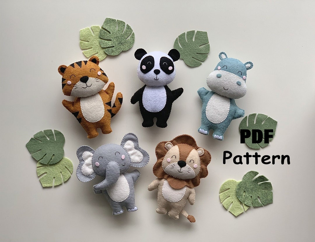 Safari Animals PDF Pattern, Felt Pattern Hippo Elephant Lion Panda