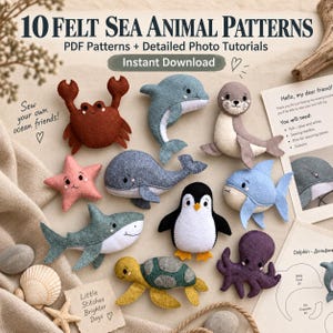 Felt Sea Animals Sewing Pattern Bundle, 10 PDF Patterns with Step-by-Step Photo Tutorials