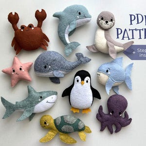 Felt PDF Pattern Ocean animals and step-by-step tutorial. Set of 10 PDF Patterns sea animal toys. Handmade Ocean nursery decor