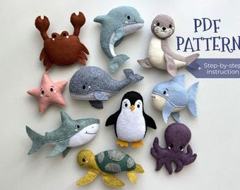 Felt PDF Pattern Ocean animals and step-by-step tutorial. Set of 10 PDF Patterns sea animal toys. Handmade Ocean nursery decor