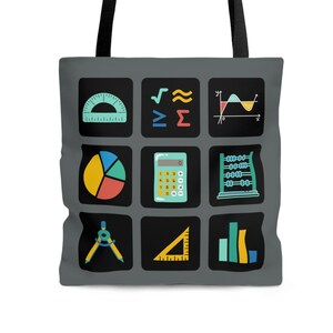 Math Icons Dark Grey Tote Bag. High School. Teacher. Lecturer. College Student. Math symbols.