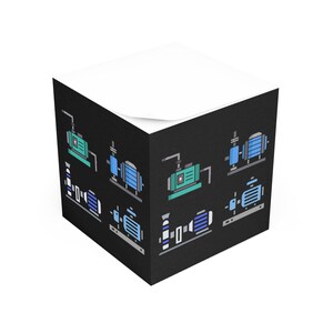 May include: A black notepad with a white top and a repeating pattern of blue and green industrial machinery on the front.