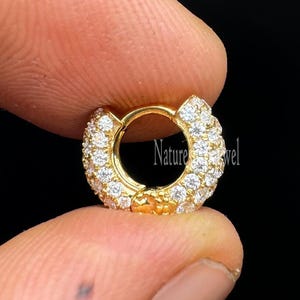 Athena's Invisible Set Diamond Three Row Pavé Hoop Earring 14K Solid Gold Bottom Hinge Huggie Small Eternity Diamond Helix Cartilage Hoop