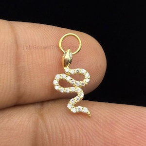 Peut inclure: Un petit charme en forme de serpent doré avec une boucle en haut pour l'accrocher. Le corps du serpent est orné de petites pierres précieuses transparentes. Le bijou est tenu entre deux doigts sur fond noir.