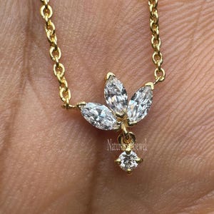 Large Engraved Diamond Lotus with Diamond Dangle Necklace 14K Solid Gold Invisible Set Necklace Marquise Lab grown Diamond Necklace For Her