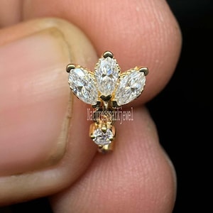 Diamond Engraved Lotus with Dangle Threaded Stud Earring 8mm Curved Barbell Invisible Set Diamond Lotus Stud Earring 14K Gold Marquise Stud