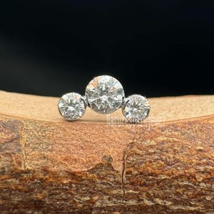 Eliza High Sparkle Three diamond Invisible Set Open Curve Threaded Single Stud Lab Diamond Piercing 14K Gold Stud Earring Conch Piercing