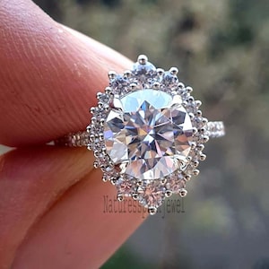 Vintage Moissanite Engagement Ring 1.80 Ct Round Moissanite Ring Cluster Bridal Ring  14K White Gold Ring for Women