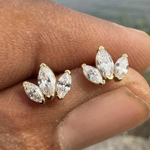 Marquise Diamond Cartilage Earring 14K Gold Minimal Flower Diamond Helix Piercing Marquise Flat Back Cartilage Earring Triple Marquise Stud