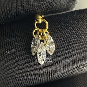 Floating Diamond Plume Threaded Charm Earring 14K Solid Gold Marquise Drilled Diamond Dangle Stud Dainty Diamond Piercing For Women