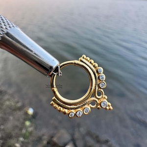 Labgrown Diamond Daith Earring 10K Solid Gold Nose Ring Diamond Septum Daith Ring Hinged Clicker White Diamonds Piercing Helix Hoop