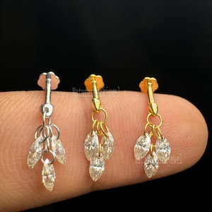Floating Diamond Plume Threaded Charm Earring 925 Sterling Silver Marquise Drilled Moissanite Dangle Stud Dainty Diamond Piercing For Women