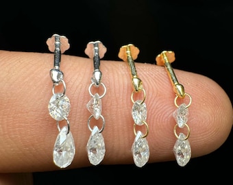 Pendiente de gota de moissanita doble flotante en plata de ley 925 con rosca, colgante en forma de pera y diamante para mujer, 16 g y poste de 6,5 mm.