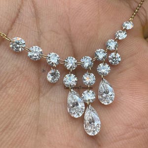 Floating Diamond lariat Necklace Round And Pear Drill Diamond Necklace 14K Solid Yellow Gold diamond Necklace Dainty Bridal Necklace For Her
