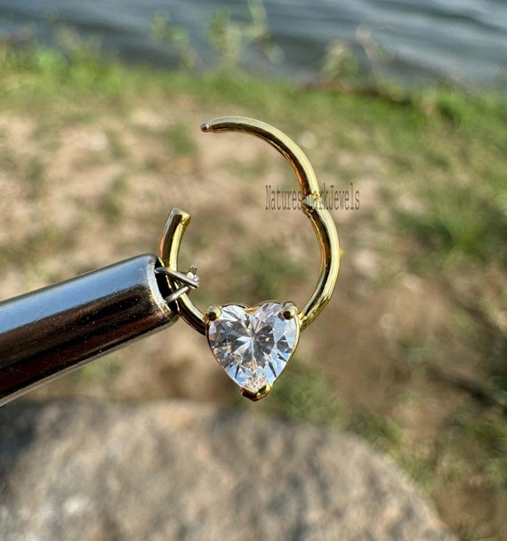 14K Solid Gold Heart Shaped Hinge Hoop Earring Heart Nose Ring