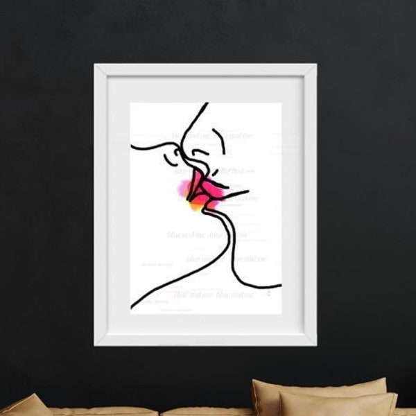 Printable image of a hot kiss in black and white with some warm colors sexy chic vibes