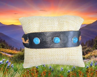 Braided Black Leather Bracelet with Turquoise Stones, Snap Closure