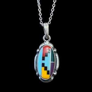 Vintage Sterling Silver Multi-colored Inlay Pendant Necklace