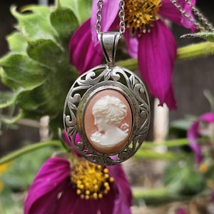 Vintage Jezlaine Sterling Silver Cameo Pendant - 19 inch Chain