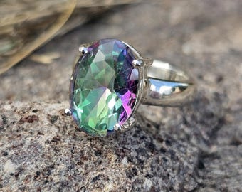 Bague En Argent Avec Topaze Mystique 10x7 Mm - Taille 57, Neuve Sans Emballage, Style Pendantes