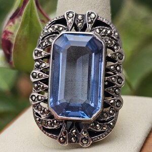 Vintage Blue Topaz Marcasite Sterling Silver Ring, Size 10
