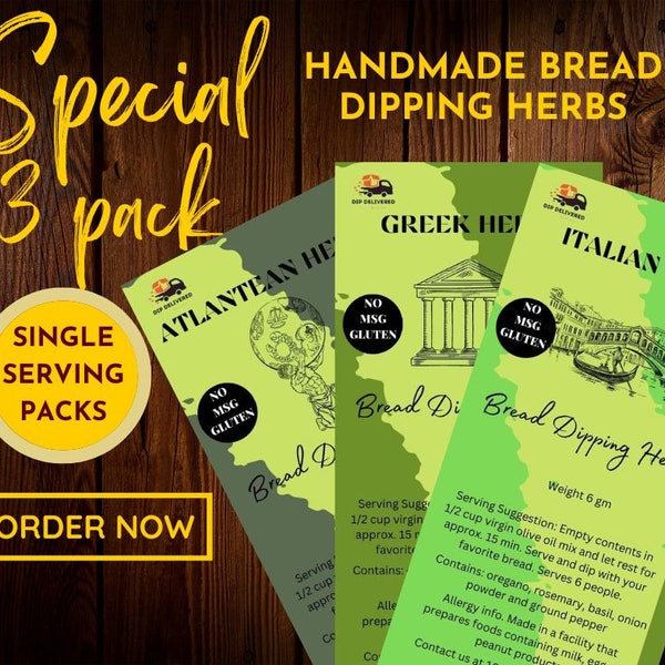 Bread Dipping Herbs Mix Seasoning Blend 3 Pack- Single serve Packet no measuring. Mix with 1/2 cup Olive Oil serves 6 people. Birthday Gift