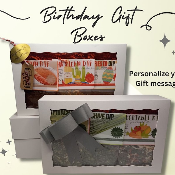 Personalized Birthday Gift Box Sets W/ Bow or Tag fully customizable gifts including handmade herb dip mix blends for men and woman gifts.