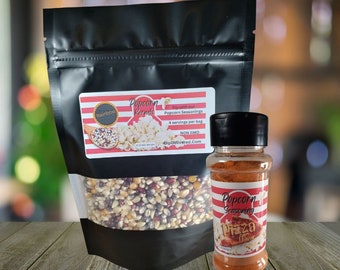 Paquete combinado de palomitas de maíz y condimentos / Bolsa de 8 oz con condimento de palomitas de maíz con sabor de 2.5 oz / Tú eliges sabor a palomitas de maíz y condimentos / Regalo gastronómico