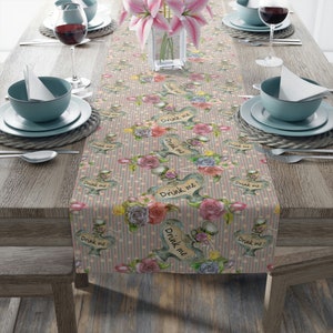 Alice&#39;s Drink Me Table Runner | Polka Dot | Floral | Fairytale | Alice in Wonderland | Tea Party Decor | Birthday Linens | Shower | Wedding
