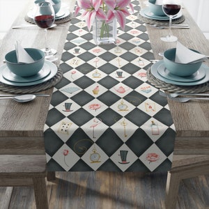 Alice's Tea Party Chequered Table Runner | Vintage Black & White Check | Fairytale Runner | Wonderland Wedding | Victorian Table Runner |