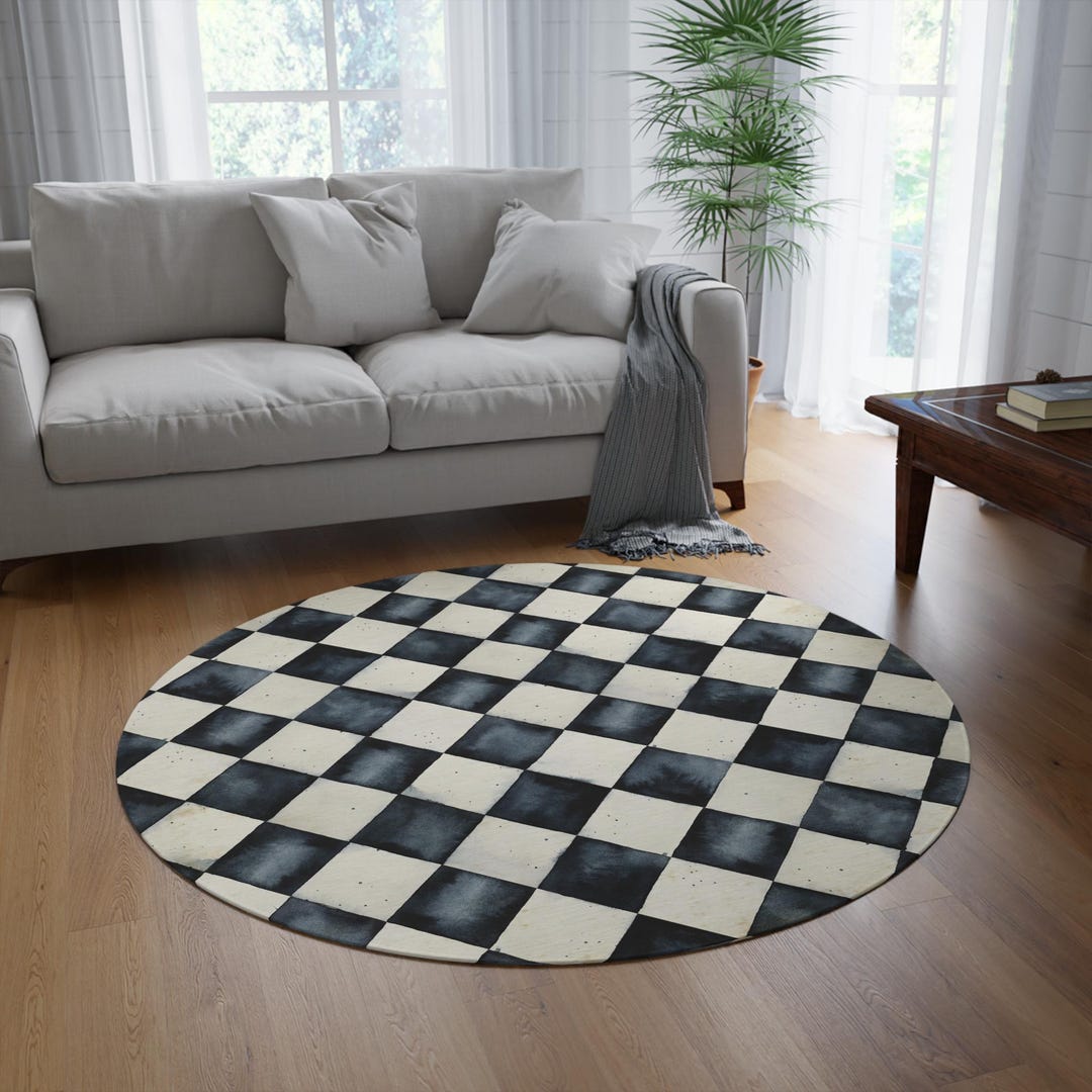 Vintage Cheque Area Rug | Round Rug | Checkered Rug | Chessboard ...