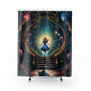 May include: A shower curtain featuring a digital painting of a young woman in a blue and white dress walking through a glowing portal in a forest. The portal is surrounded by mushrooms and flowers. The background is a dark green and blue.