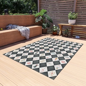 Alice&#39;s Tea Party Chequered Indoor/Outdoor Rug | Vintage Black & White Check | Fairytale | Wonderland | Victorian | Wedding | Birthday Party