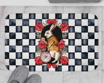 White Rabbit Bath Mat | Vintage Alice in Wonderland Bath Mat | Victorian Bathroom Decor | Black and White Check | Fairytale Decor