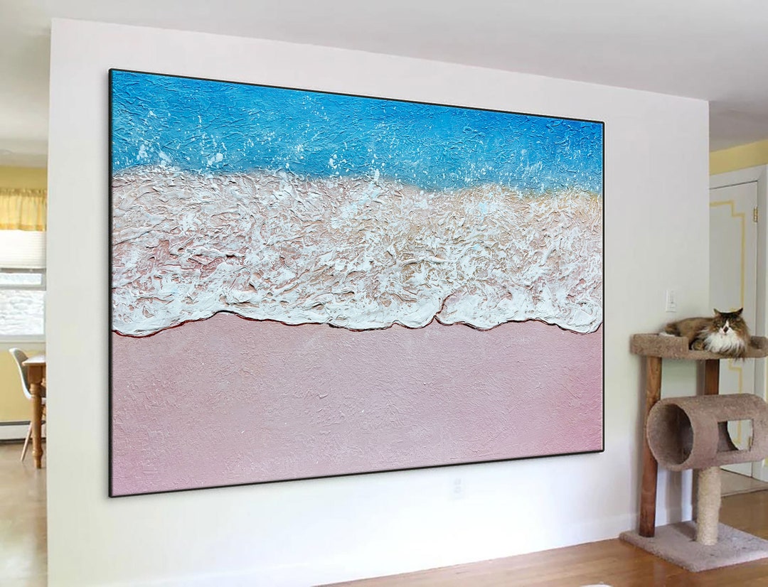 Large Wall Original Beach Painting Ocean Wave Art Pink Beach Etsy