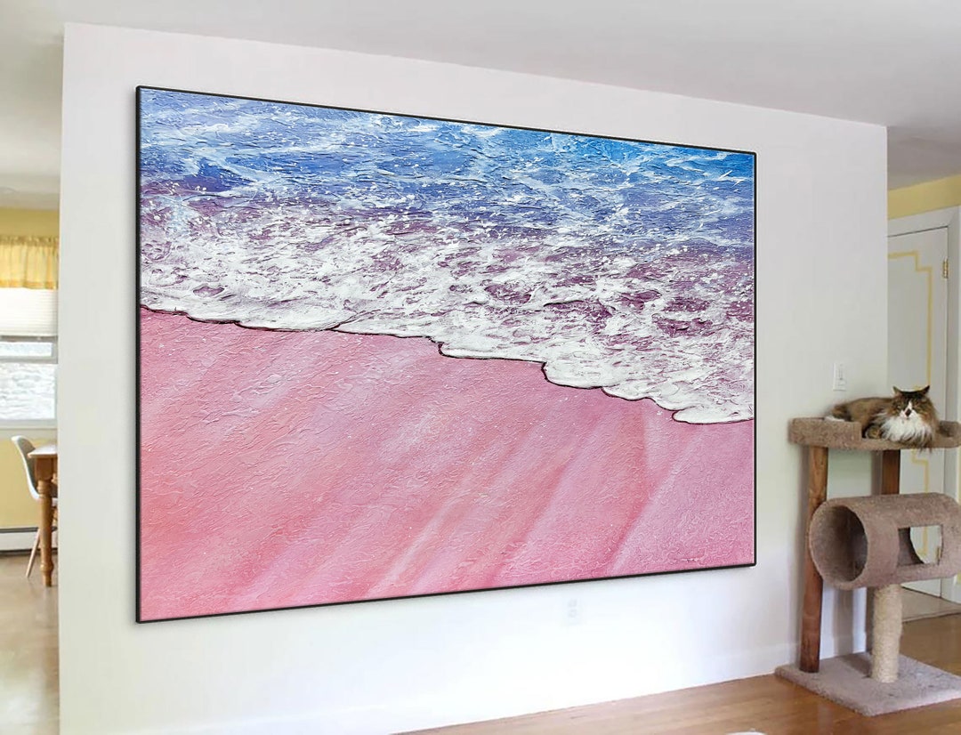 Great Wall Art Pink Beach Painting, Ocean Abstract Art, Large Textured