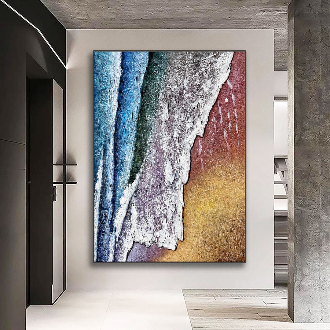Large Canvas Beach Painting, Ocean Wave Original Painting, Beach Art