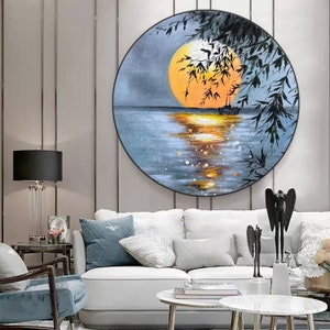 full moon painting, big moon painting, moon art, seascape art, modern full moon decoration, night sky art,moonlight at sea,original painting