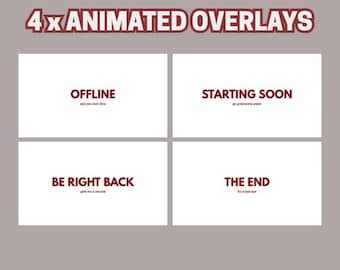 4 x animated simple twitch screens / twitch streamer / simple overlay / starting soon, brb, offline, the end